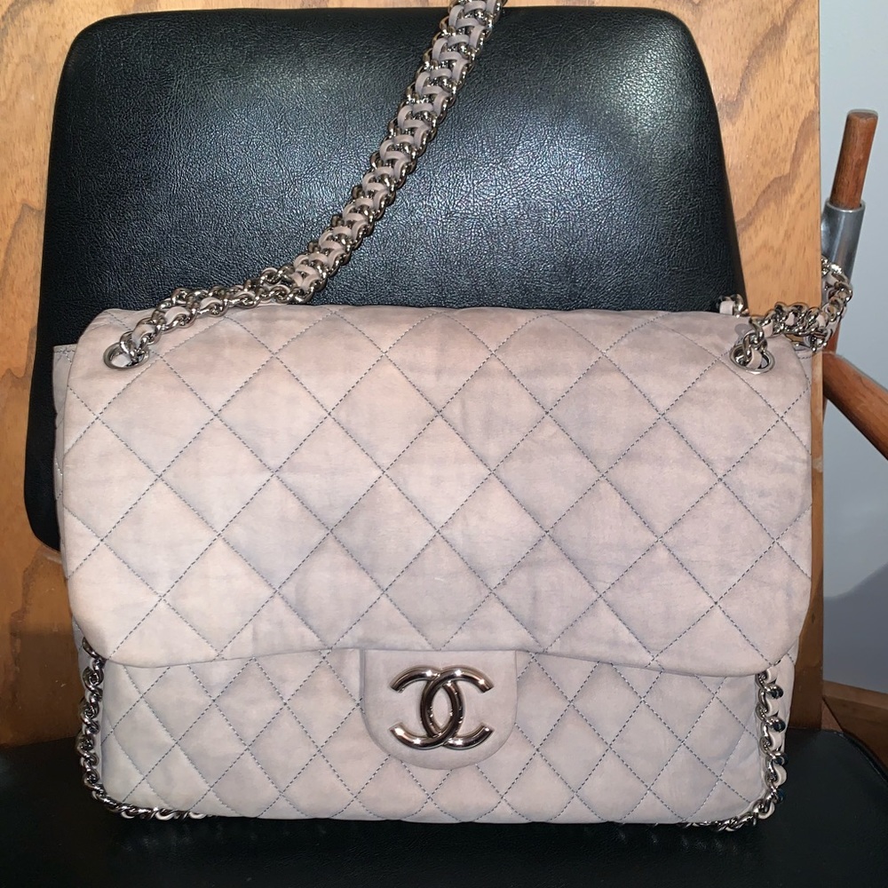 Grey brushed leather chain around maxi flap bag CHANEL authentic - full set.